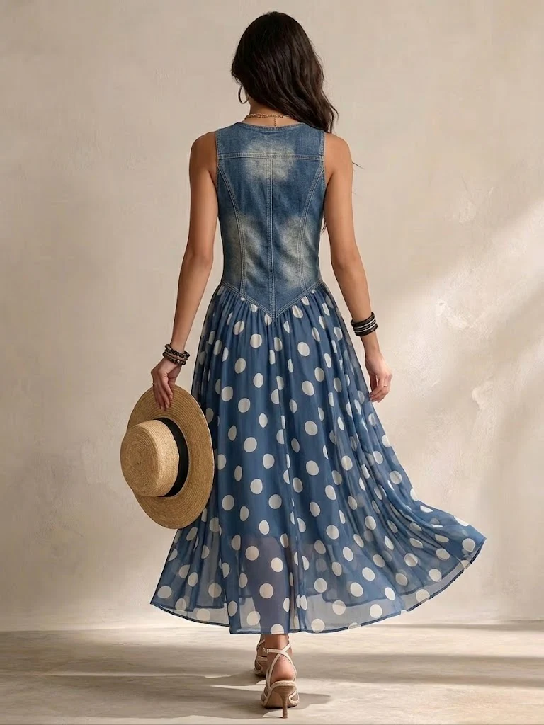 Alba - Abito lungo in denim a pois