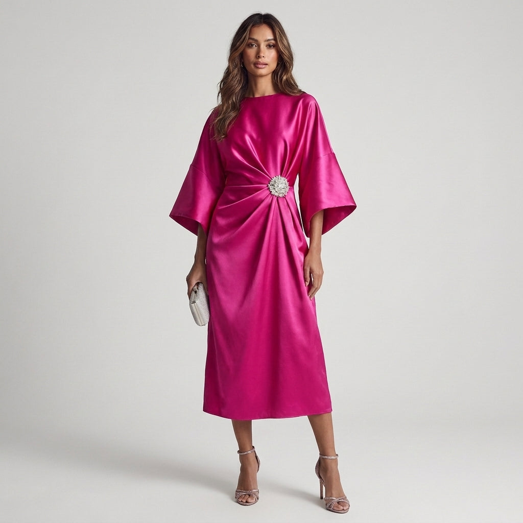 Perla | Abito Midi Blu Notte con Maniche Ampie