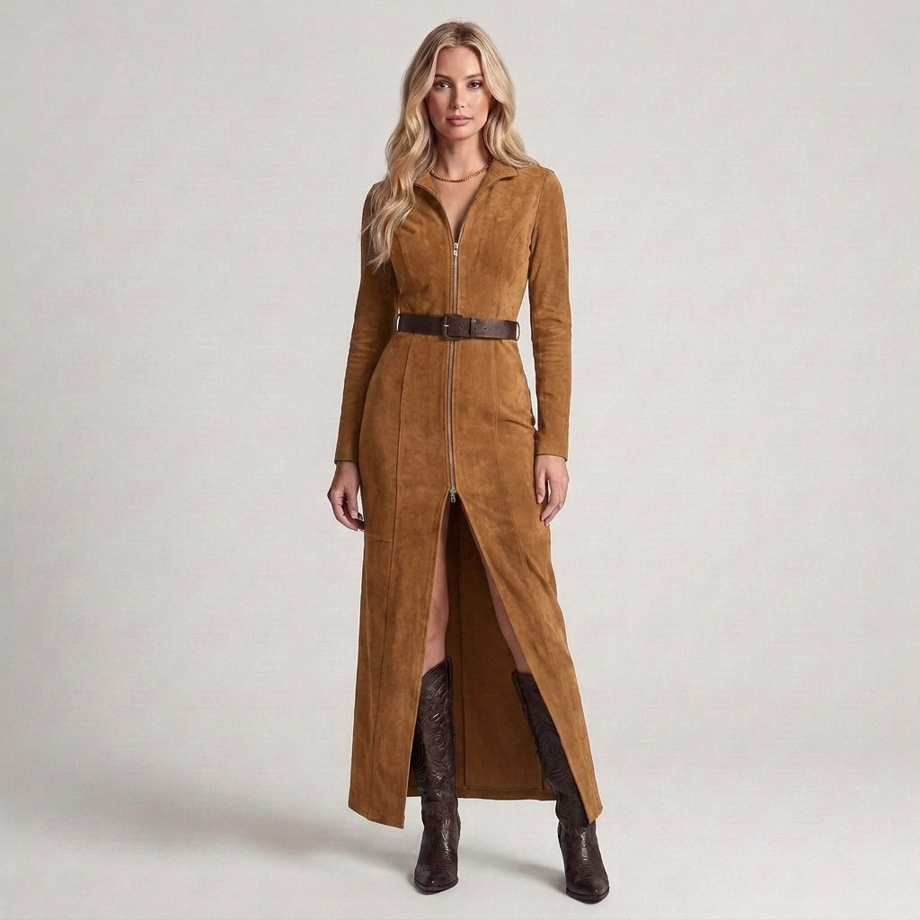 Marcella | Abito Lungo Effetto Camoscio con Zip e Spacco