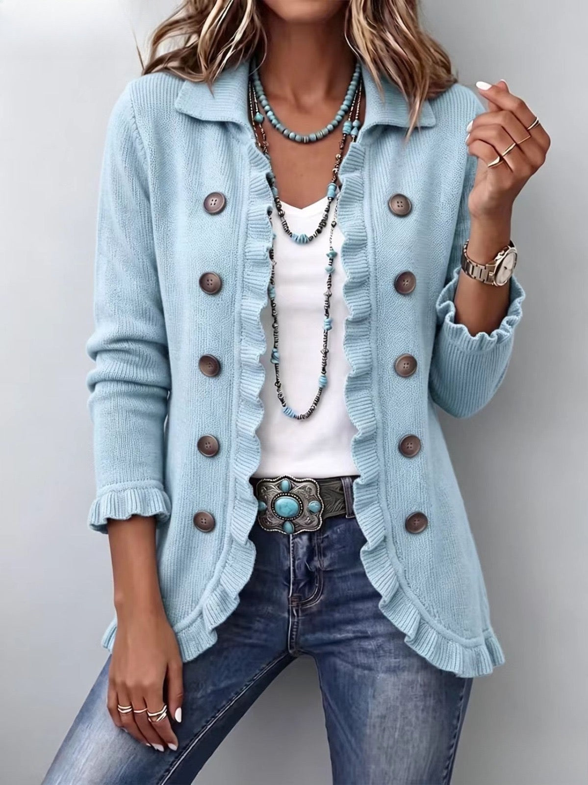 Pilar | Cardigan a Coste Blu Polvere