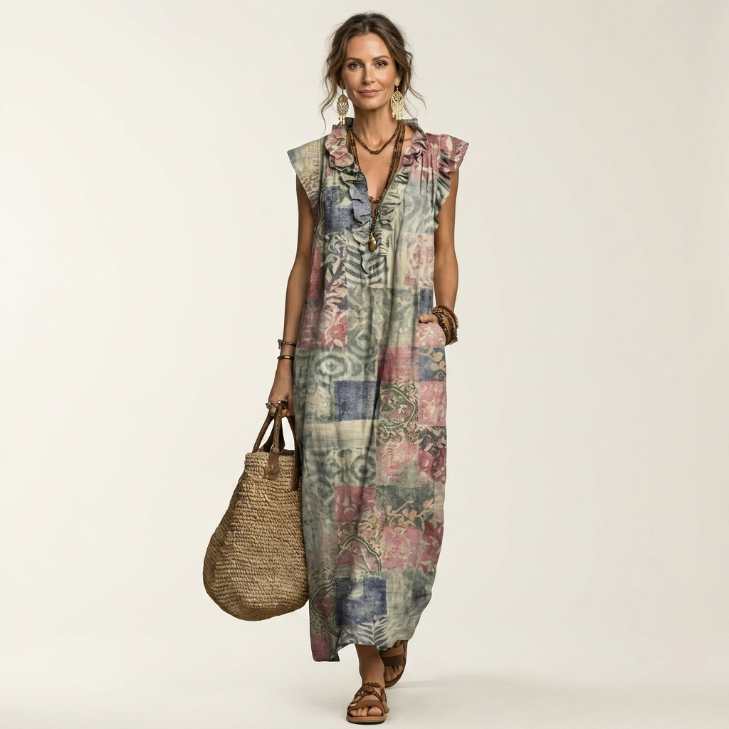 Vanda | Vestito lungo con volant e scollo a V