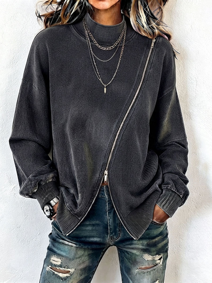 Nerea - Felpa asimmetrica con zip in cotone lavato