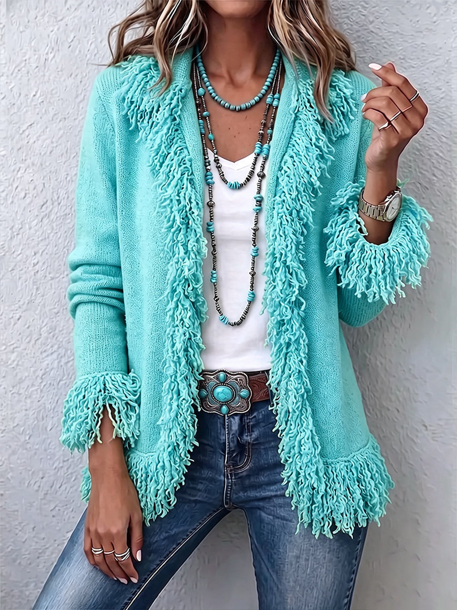 Verónica - Cardigan Boho con frange verde chartreuse vibrante