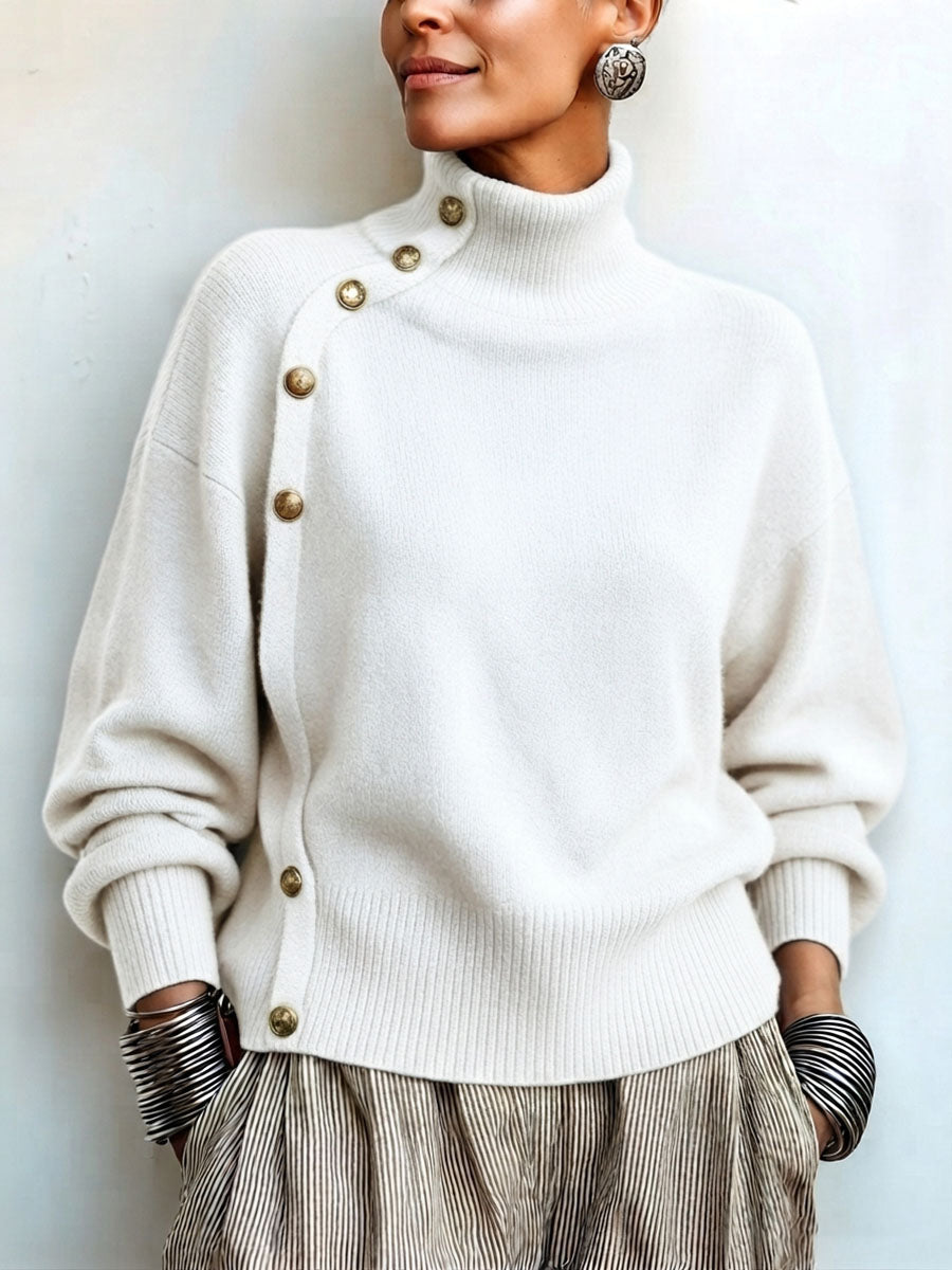 Susana - Maglione a Collo Alto Chic Elegante con Bottonatura Asimmetrica
