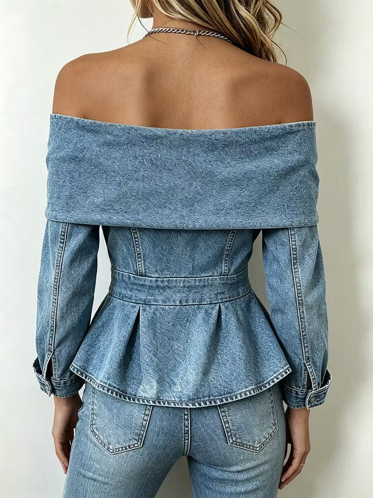 Teresa - Top Peplum Chic in Jeans con Spalle Scoperte