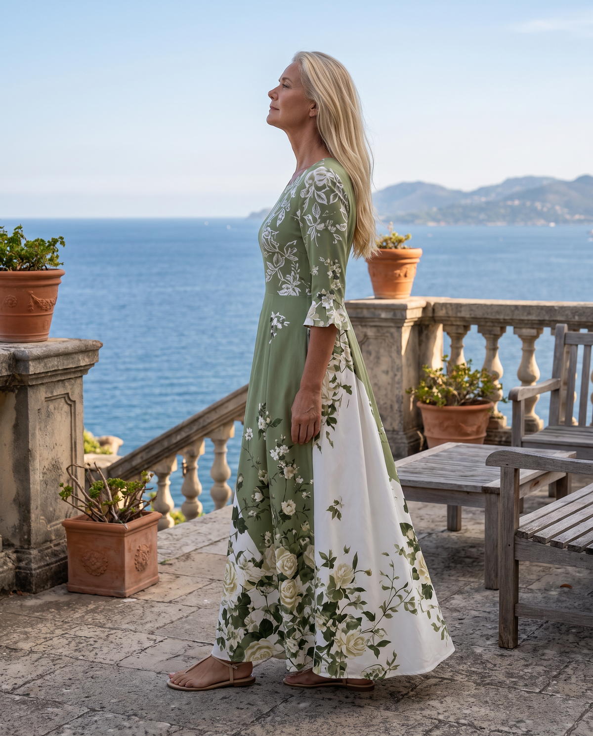 Rosalía - Abito midi verde con inserto floreale