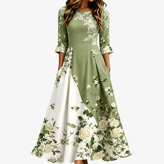 Rosalía - Abito midi verde con inserto floreale