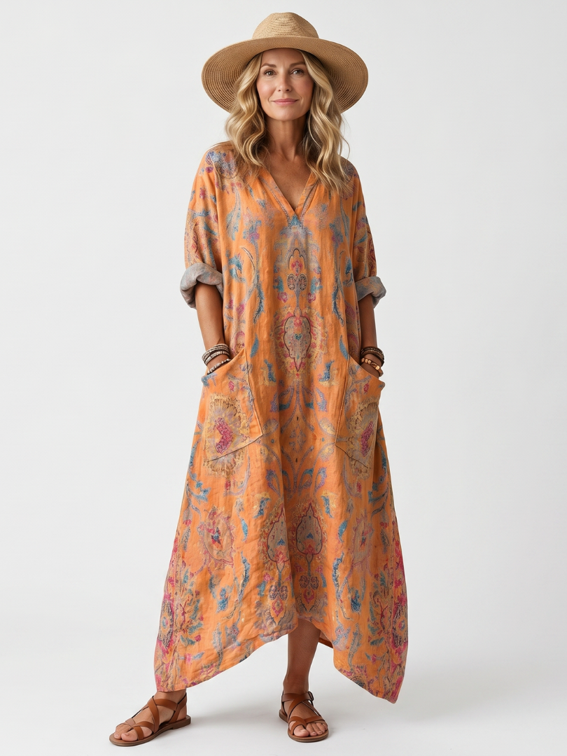 Antonella | Abito midi oversize stampato con tasche e collo a intaglio