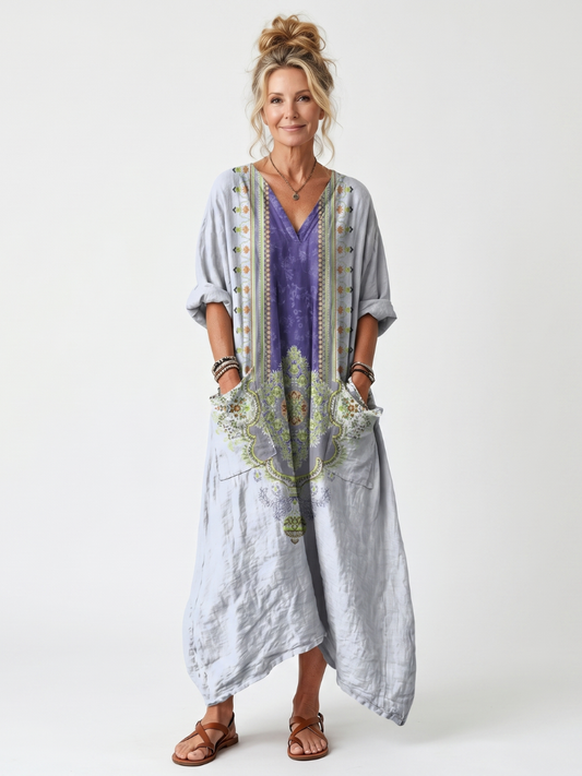 Erminia | Abito Midi Oversize Ricamato a Pannello a Contrasto