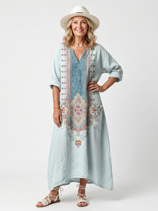 Laura | Abito Midi Oversize Ricamato con Pannello Ornamentale