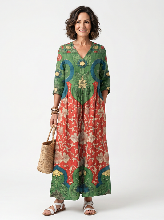 Fernanda | Abito Midi con Stampa Mista e Scollo a V