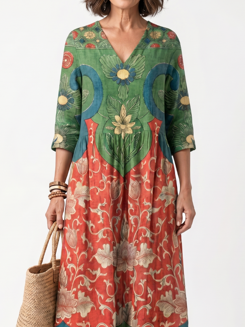 Fernanda | Abito Midi con Stampa Mista e Scollo a V