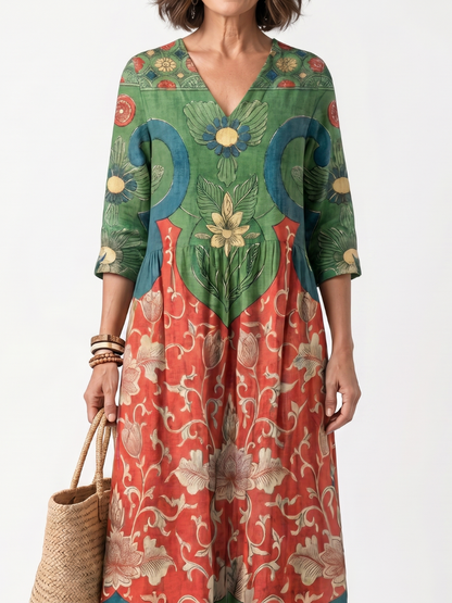Fernanda | Abito Midi con Stampa Mista e Scollo a V