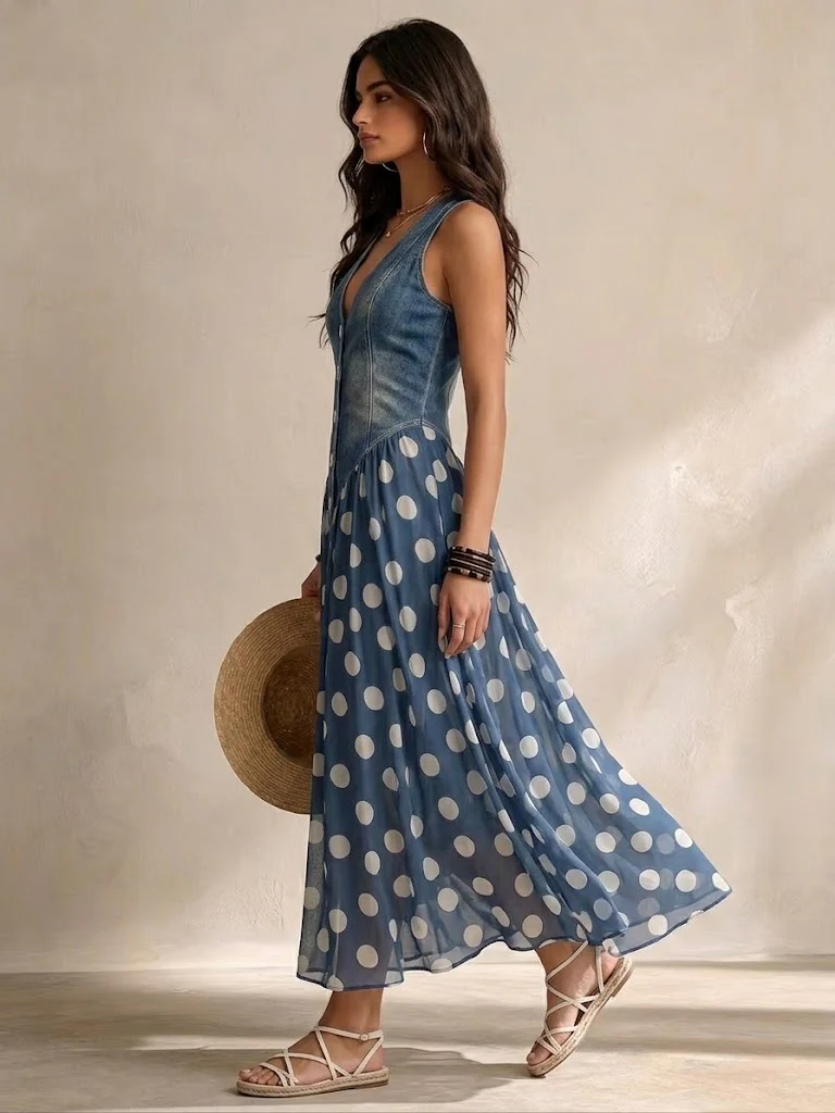 Alba - Abito lungo in denim a pois