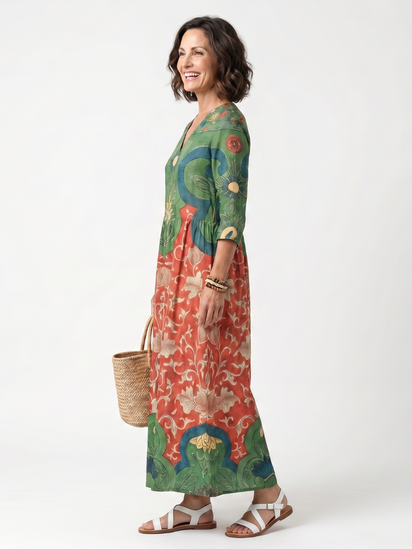 Fernanda | Abito Midi con Stampa Mista e Scollo a V