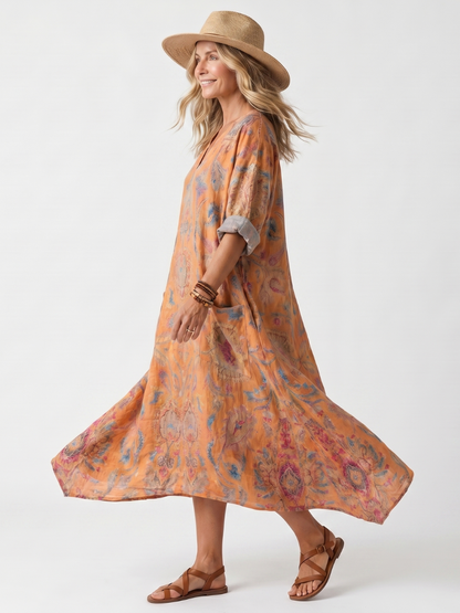 Antonella | Abito midi oversize stampato con tasche e collo a intaglio