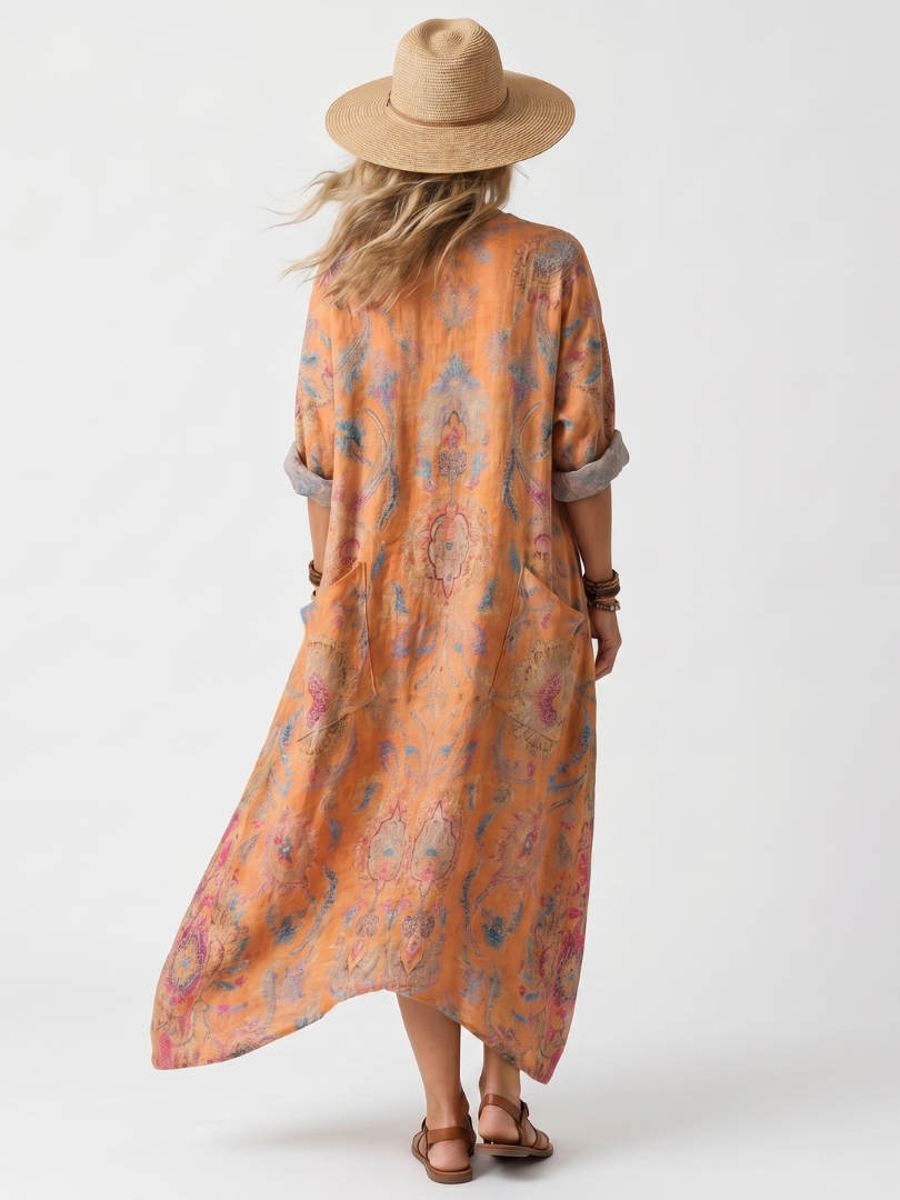 Antonella | Abito midi oversize stampato con tasche e collo a intaglio