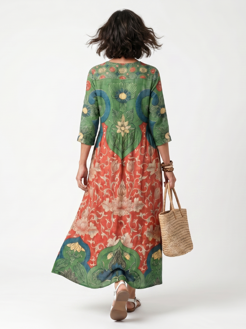 Fernanda | Abito Midi con Stampa Mista e Scollo a V