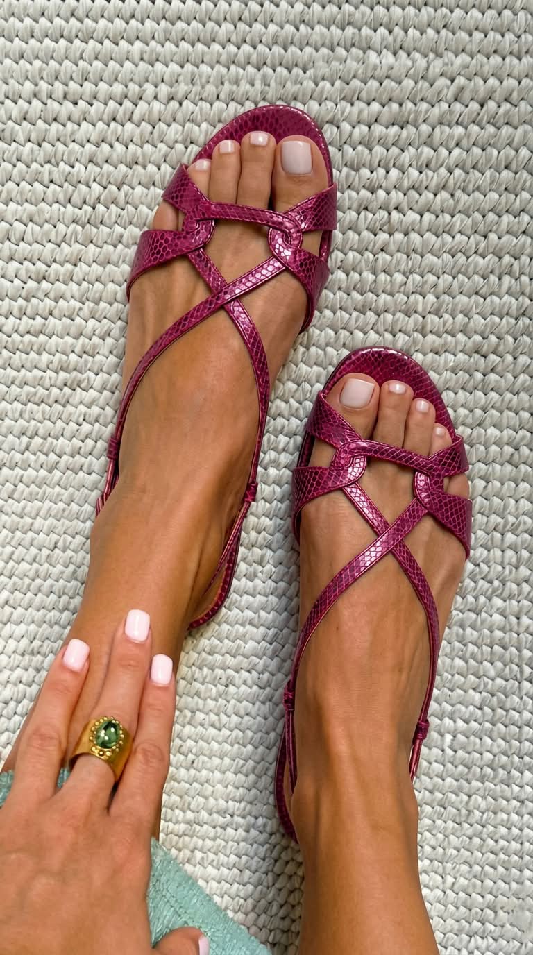 Sandali bassi color bronzo slingback, punta aperta, stampa pitonata