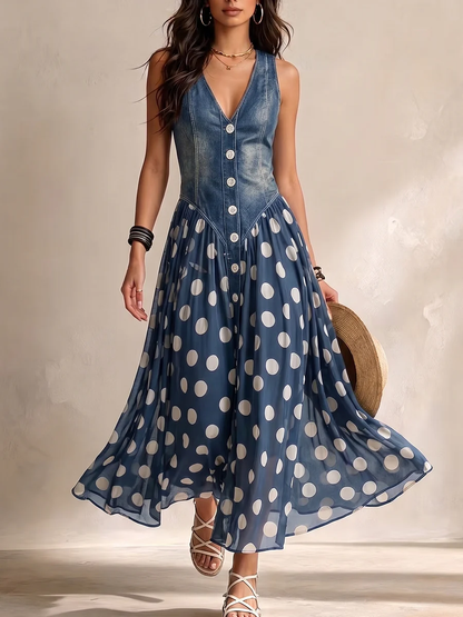 Alba - Abito lungo in denim a pois