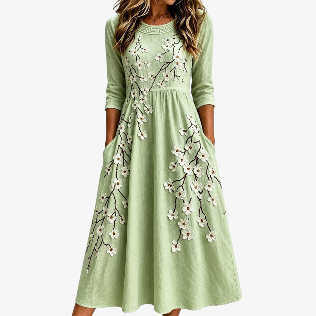 Aurora - Abito midi verde con fiori ricamati
