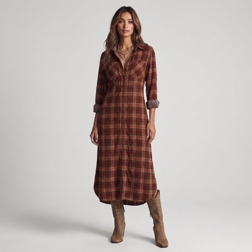 Matilde | Abito Camicia a Quadri Verdi con Orlo Asimmetrico