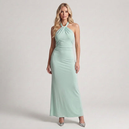 Diana | Abito Lungo Verde Menta con Collo all'Americana