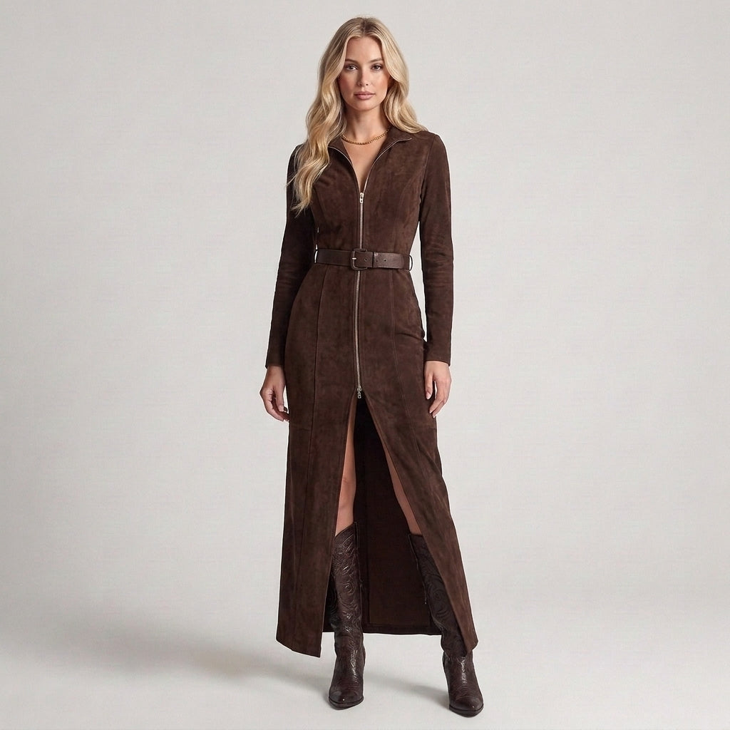 Marcella | Abito Lungo Effetto Camoscio con Zip e Spacco
