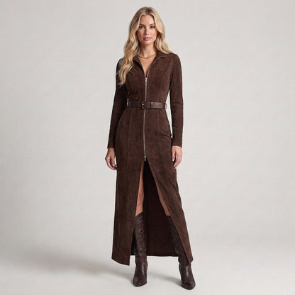 Marcella | Abito Lungo Effetto Camoscio con Zip e Spacco