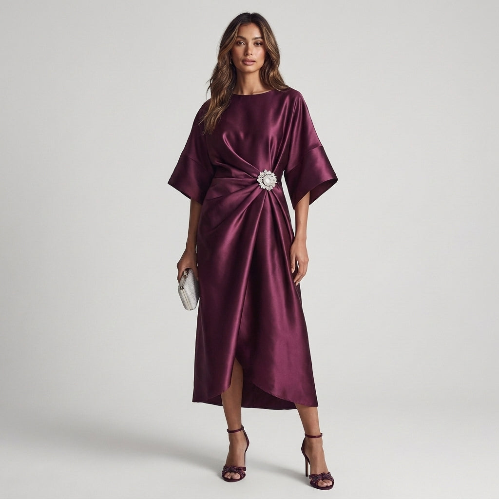 Perla | Abito Midi Blu Notte con Maniche Ampie