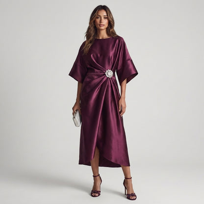 Perla | Abito Midi Blu Notte con Maniche Ampie