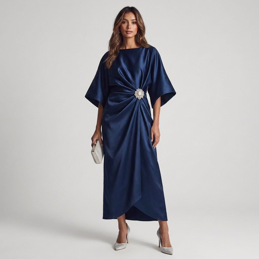 Perla | Abito Midi Blu Notte con Maniche Ampie