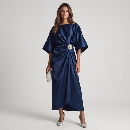Perla | Abito Midi Blu Notte con Maniche Ampie
