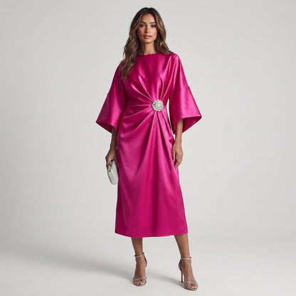 Perla | Abito Midi Blu Notte con Maniche Ampie