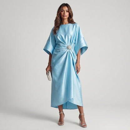 Perla | Abito Midi Blu Notte con Maniche Ampie