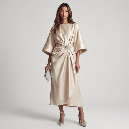 Perla | Abito Midi Blu Notte con Maniche Ampie