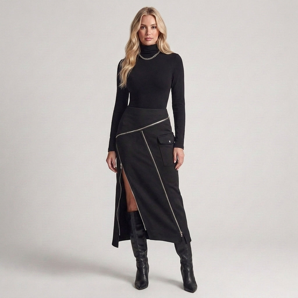 Elena - Collo alto zip tasche asimmetrico