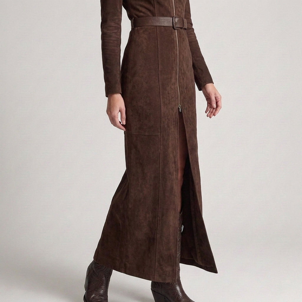 Marcella | Abito Lungo Effetto Camoscio con Zip e Spacco