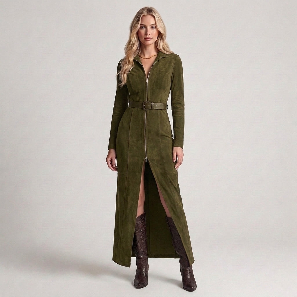 Marcella | Abito Lungo Effetto Camoscio con Zip e Spacco
