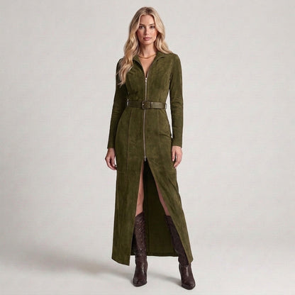 Marcella | Abito Lungo Effetto Camoscio con Zip e Spacco