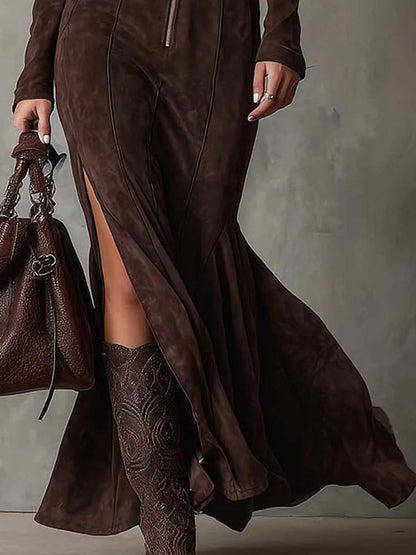 Macarena - Vestito lungo marrone vintage con cerniera e cintura (cintura inclusa)