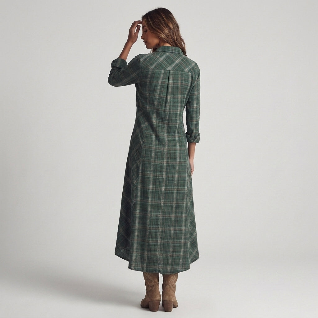 Matilde | Abito Camicia a Quadri Verdi con Orlo Asimmetrico