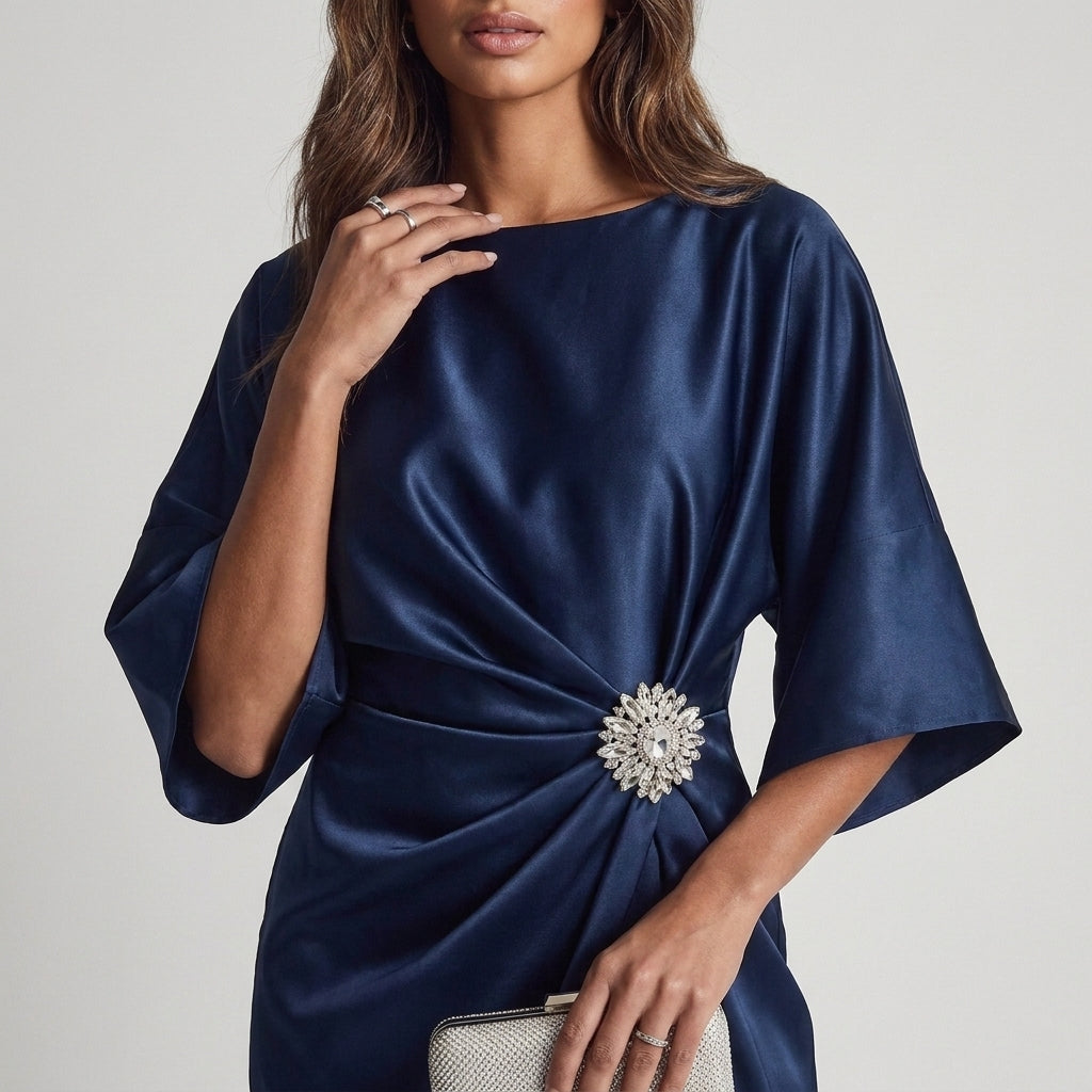 Perla | Abito Midi Blu Notte con Maniche Ampie