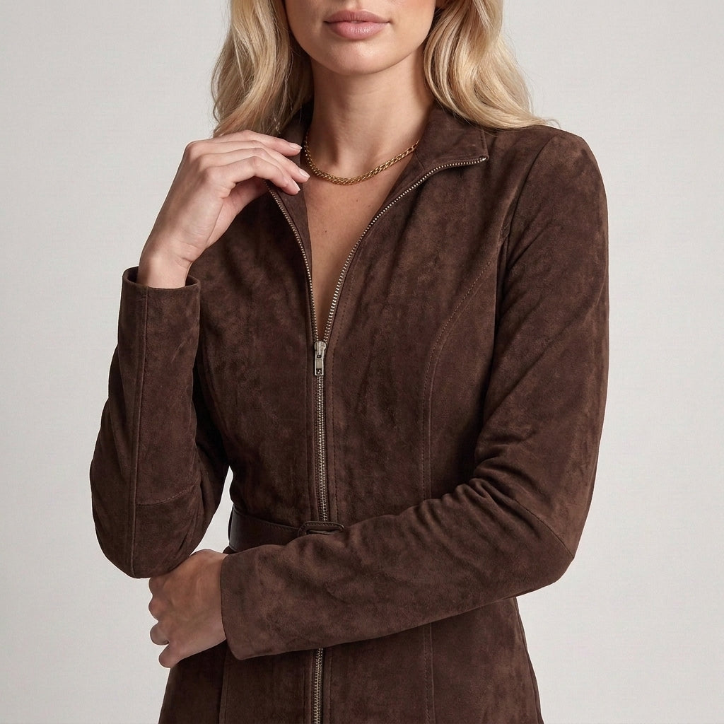 Marcella | Abito Lungo Effetto Camoscio con Zip e Spacco