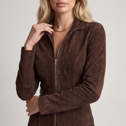 Marcella | Abito Lungo Effetto Camoscio con Zip e Spacco