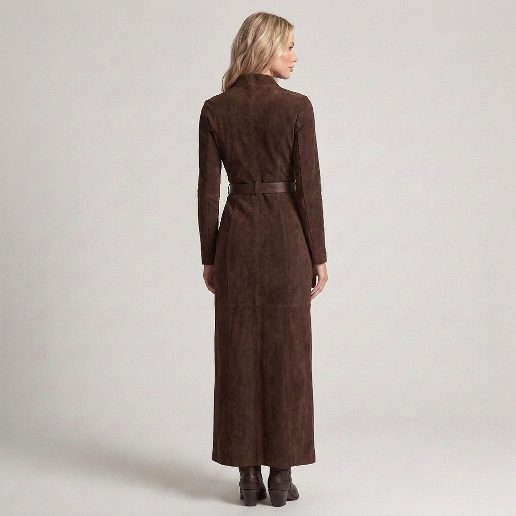 Marcella | Abito Lungo Effetto Camoscio con Zip e Spacco