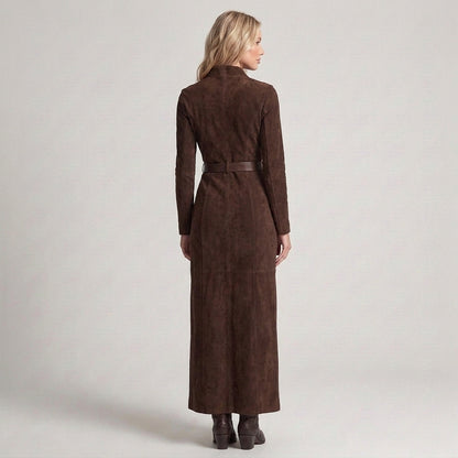 Marcella | Abito Lungo Effetto Camoscio con Zip e Spacco