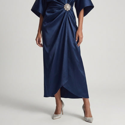 Perla | Abito Midi Blu Notte con Maniche Ampie