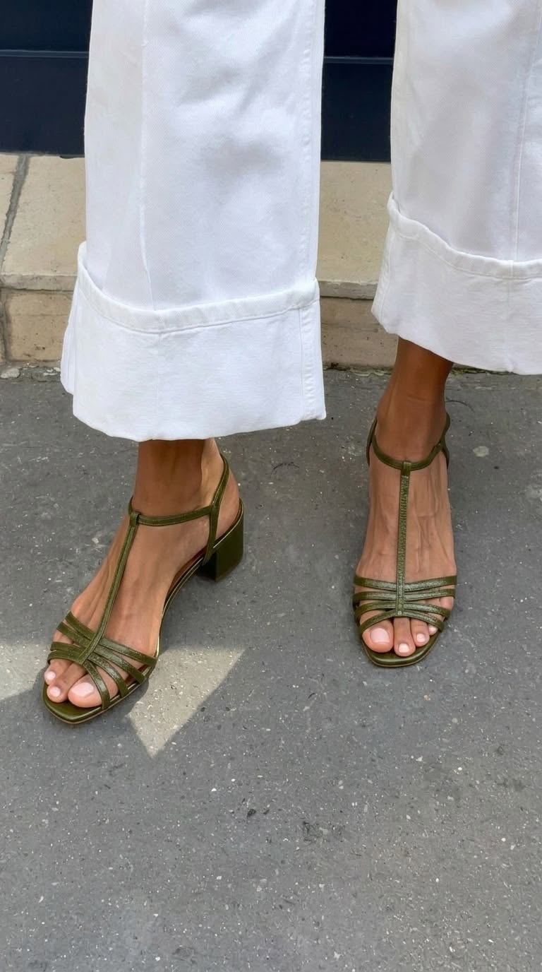 Sandali metallizzati con cinturino a T, fibbia e tacco alto