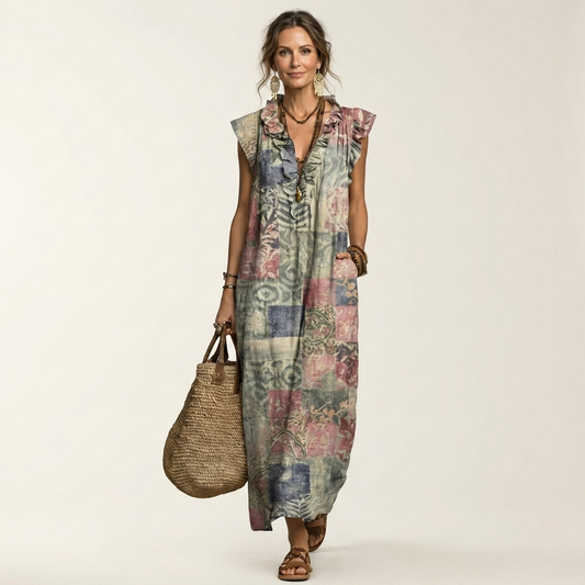 Vanda | Vestito lungo con volant e scollo a V